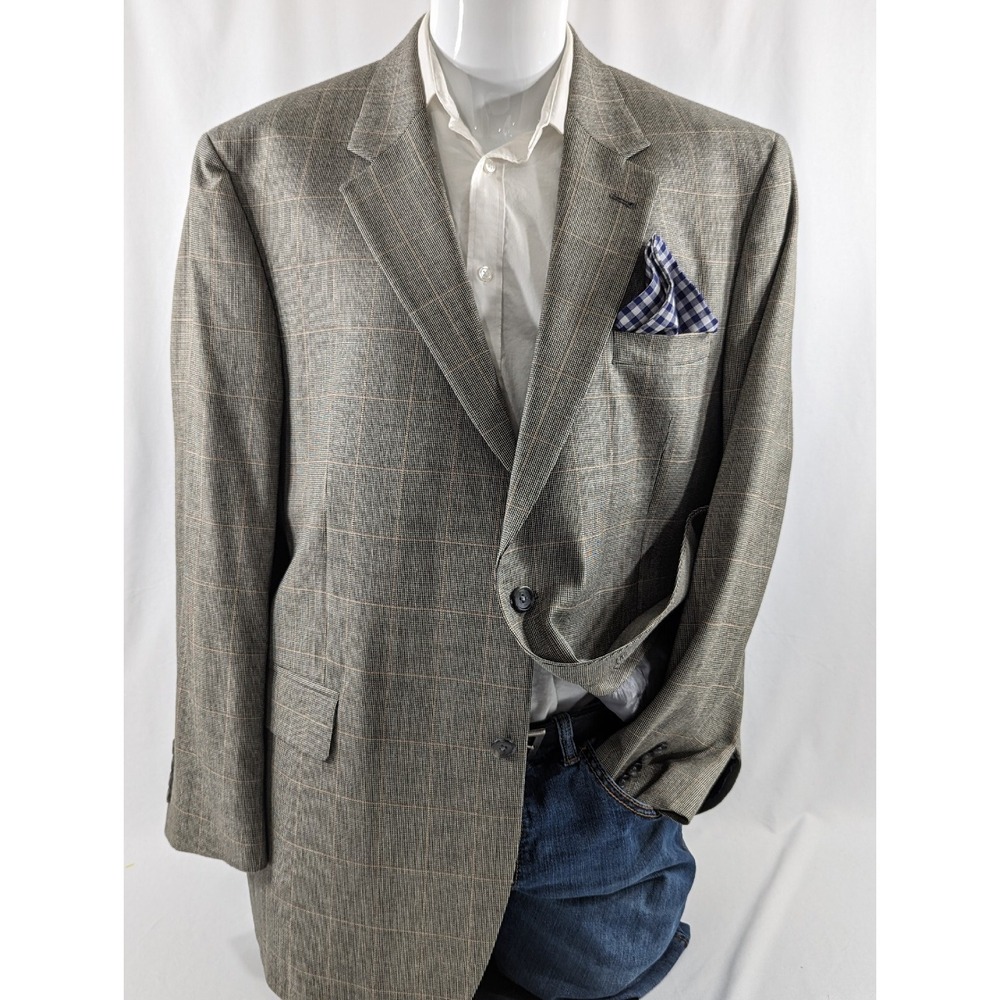 Jos A Banks Silk‎ Wool Gray Windowpane Blazer Sports Jacket Coat 46R Crosshatch